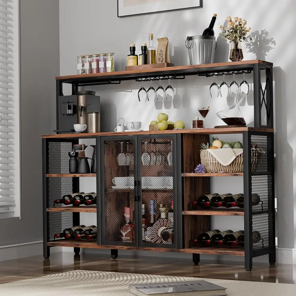 Gabinete de bar industrial, 55 Hes, aparador de cocina, gabinete de buffet con aparador con aparador, gabinete de bar de café con vino Ra y soporte para vasos para