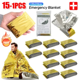 Manta térmica de emergencia plegable, impermeable, sombrilla a prueba de viento, manta de rescate para supervivencia al aire libre, almohadilla de primeros auxilios para acampar, 15-1 Uds.