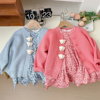 Traje de 2 piezas de princesa para niñas, vestido de flores para bebés, Chaqueta de punto, prendas de vestir exteriores, trajes para niños pequeños, primavera y otoño