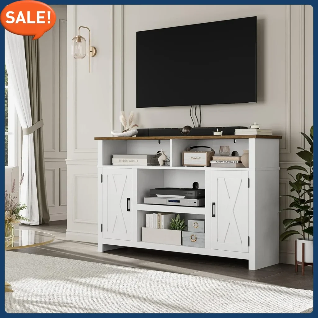 Soporte para TV con puerta de granero para televisores de hasta 65", centro de entretenimiento moderno de madera de granja, mesa consola multimedia con gabinete de almacenamiento