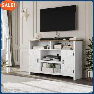 Soporte para TV con puerta de granero para televisores de hasta 65", centro de entretenimiento moderno de madera de granja, mesa consola multimedia con gabinete de almacenamiento