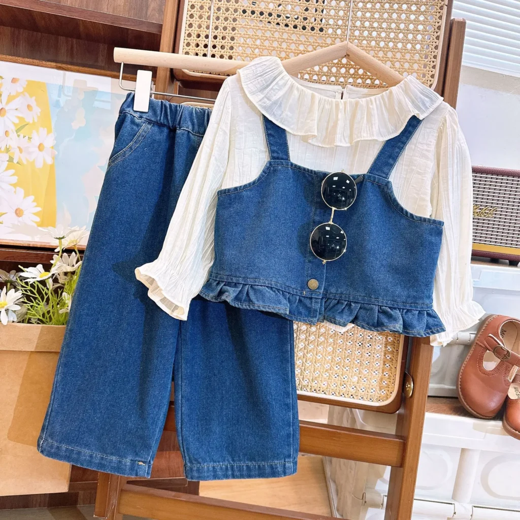 Conjuntos de ropa para niños, bonita camisa con cuello con volantes y pantalones vaqueros con cuello Halter, conjuntos de 3 uds., ropa para niños, conjunto de ropa para niñas de 3 a 7 años