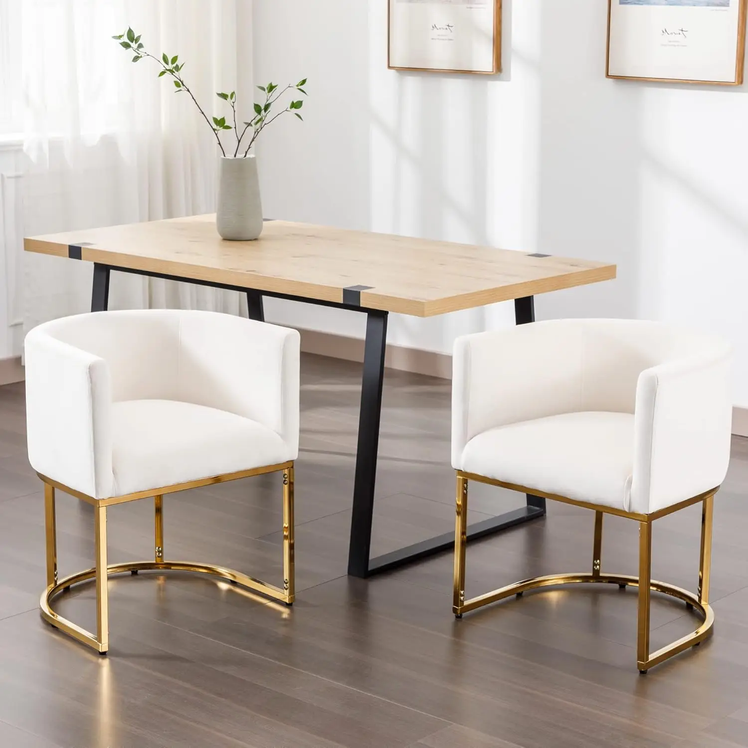 Sillas de comedor de terciopelo con marco dorado, Juego de 2 modernas sillas de brazo de barril, 18,5 tapizadas de sillas de cocina "de ancho