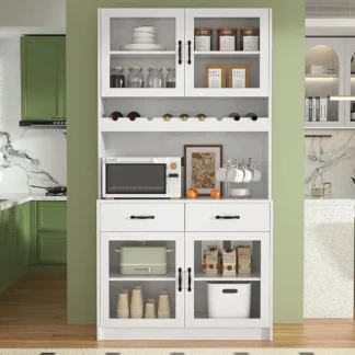 Gabinete de almacenamiento de despensa de cocina de 71 pulgadas, gabinete de almacenamiento de aparador de cocina alto con 4 puertas de vidrio y 2 cajones, despensa de alimentos con vino