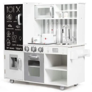 Juego de cocina para niños, juego de cocina de juego de simulación de pequeño Chef de madera con pizarra y dispensador de agua, estufa, gabinete de almacenamiento,