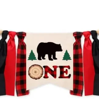 Lumberja cartel para fiesta de primer cumpleaños Buff Plaid Camping oso salvaje 1er cumpleaños fiesta alta silla Banner para bebé niño niña P