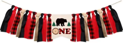 Lumberja cartel para fiesta de primer cumpleaños Buff Plaid Camping oso salvaje 1er cumpleaños fiesta alta silla Banner para bebé niño niña P