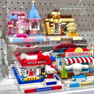 Bloques de construcción Keeppley Sanrio originales Kuromi Melody Gemini dibujos animados vista a la calle decoración modelo juguetes para niños regalo para niñas