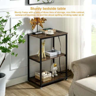 Mesa auxiliar alta Vecelo con estación de carga, mesa auxiliar con puertos y tomas USB, mesita de noche de 30 pulgadas de altura con almacenamiento de 3 niveles