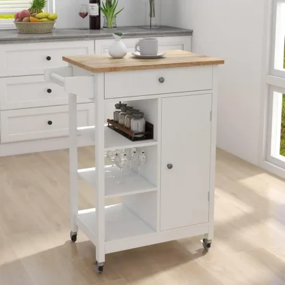 Carro de cocina con almacenamiento, pequeño carrito de isla estrecha blanco con ruedas, gabinete de almacenamiento superior de madera con una sola puerta y un cajón