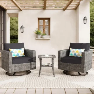 Sillas giratorias para Patio de 3 piezas con mesa auxiliar, sillas de mimbre para exteriores de 2 con cojines cómodos, juego de bistró basculante planeador de ratán