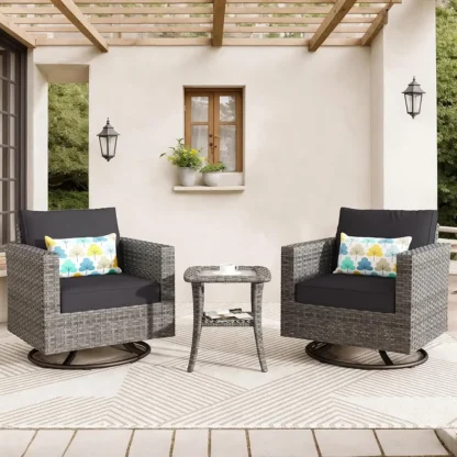 Sillas giratorias para Patio de 3 piezas con mesa auxiliar, sillas de mimbre para exteriores de 2 con cojines cómodos, juego de bistró basculante planeador de ratán