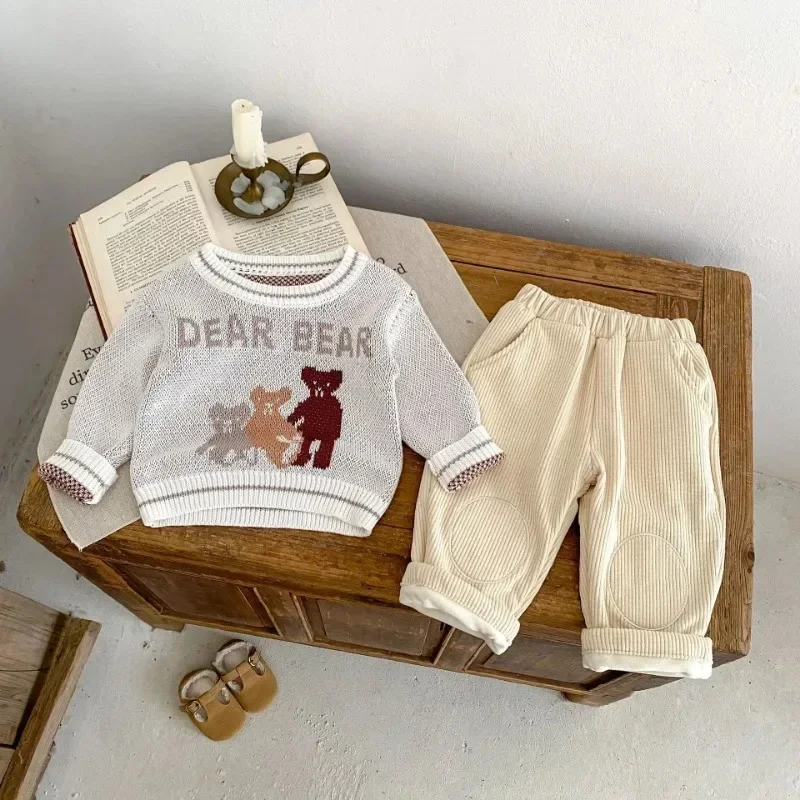Jersey de manga larga para bebés y niñas, suéter de punto de Jacquard con bonito oso, suéter grueso para niños, ropa de punto