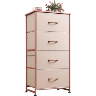 Cómoda de 4 cajones para dormitorio, unidad organizadora de almacenamiento de ropa de tela rosa y oro, cómoda para pasillo, entrada, tapa de madera