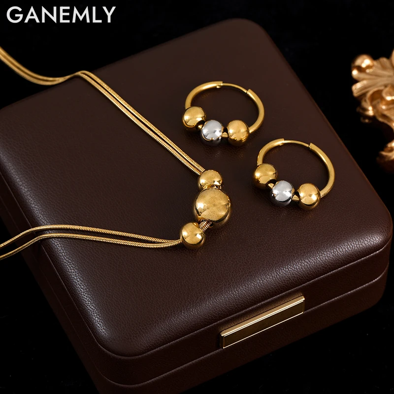 GANEMLY 316L cuentas de acero inoxidable bolas collar pendientes para mujer regalo de fiesta de moda 18K chapado en oro conjunto de joyería impermeable