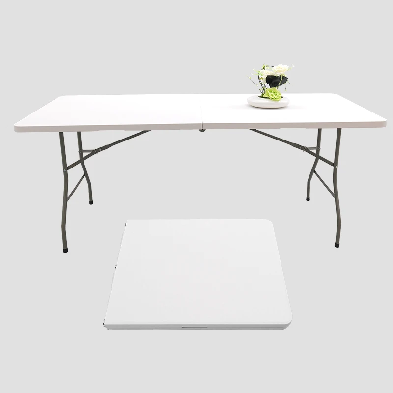 Mesas Plegables portátiles de 8 pies, populares, resistentes, para banquetes al aire libre, moldeado por soplado, mesas rectangulares plegables de plástico blanco