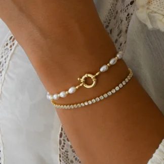 Minar, perlas de agua dulce de lujo, cuentas de cobre, diamantes de imitación completos, cierre de palanca, pulseras de hilo con cuentas circulares para mujer, oro Real de 14 quilates