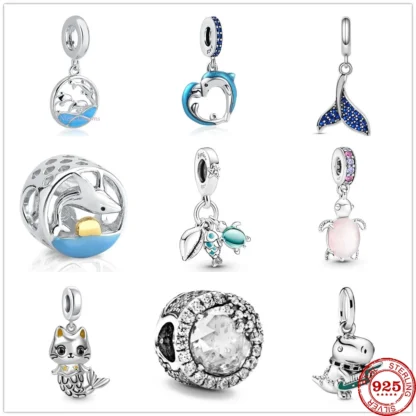 Abalorio de plata 925 con forma de cola de ballena, estrella de mar, Delfín, gato, sirena, compatible con pulseras colgantes originales, joyería artesanal de la serie oceánica
