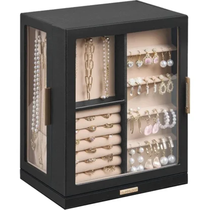 360 ° Joyero giratorio con 5 cajones, hermoso organizador de joyas vertical con ventana de vidrio, estuche de almacenamiento de joyas