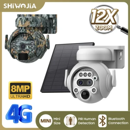 SHIWOJIA 4K 8MP 4G Cámaras de seguridad solares inalámbricas para exteriores 360 ° Ver monitoreo de animales Camuflaje Color Batería PTZ Veio