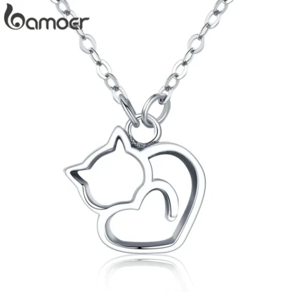 BAMOER 100% Plata de Ley 925 minimalista encantador gato colgante collar lindo Animal cuello cadena para mujeres regalo de cumpleaños SCN188