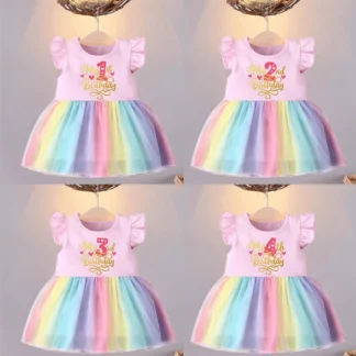 Vestido con estampado de letras doradas para bebé de 1, 2, 3 y 4 años, vestido de arcoíris para cumpleaños, vestidos de verano de algodón para fiesta infantil, ropa