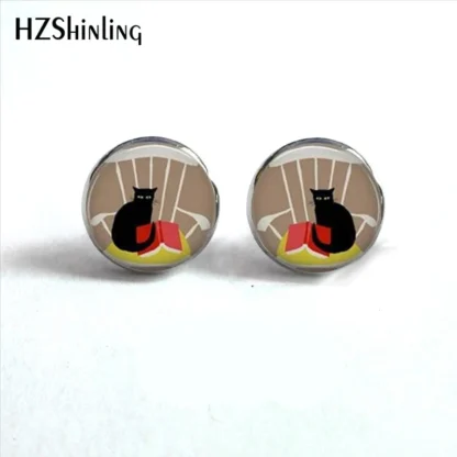 Pendientes de tuerca negros para amantes de los libros de lectura, joyería de vidrio, cabujón, ED-003, para fotos, HZ4