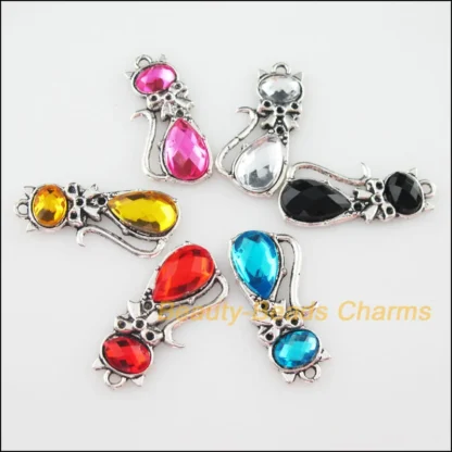 Colgantes de gato de plástico acrílico de plata tibetana, 12 nuevos encantos mezclados, 12,5x29,5mm