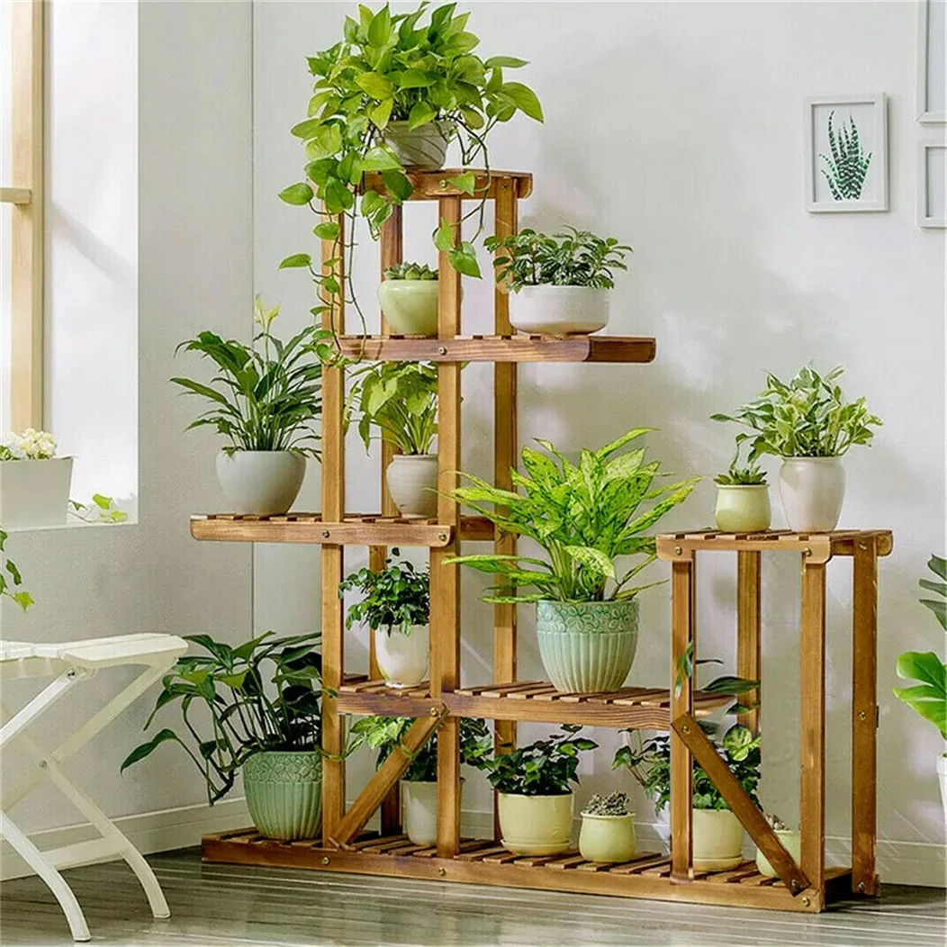 Soporte de madera para plantas y flores de 6 niveles, estante para macetas, estantes, soporte para exhibición para múltiples plantas, jardín interior y exterior, Patio