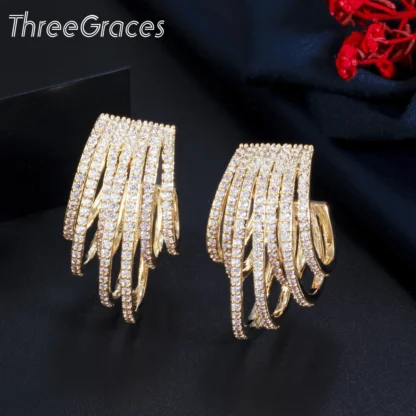 ThreeGraces-pendientes de aro de circonia cúbica para mujer, aretes de 7 capas, círculos redondos, Color oro amarillo, joyería de fiesta, ER529