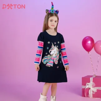 DXTON, vestidos informales para niñas, dibujos animados de unicornio, regalo de Año Nuevo para niños, ropa de algodón para niños, disfraz de copo de nieve para niños pequeños