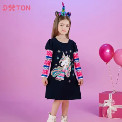 DXTON, vestidos informales para niñas, dibujos animados de unicornio, regalo de Año Nuevo para niños, ropa de algodón para niños, disfraz de copo de nieve para niños pequeños