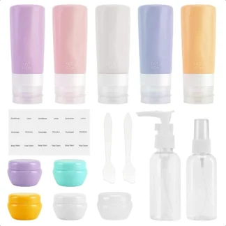 Botellas de viaje aprobadas por TSA, 15 unidades, contenedores de tamaño recargables de silicona de 1,9 oz, tubos de viaje sin BPA, artículos de tocador para vasos cosméticos