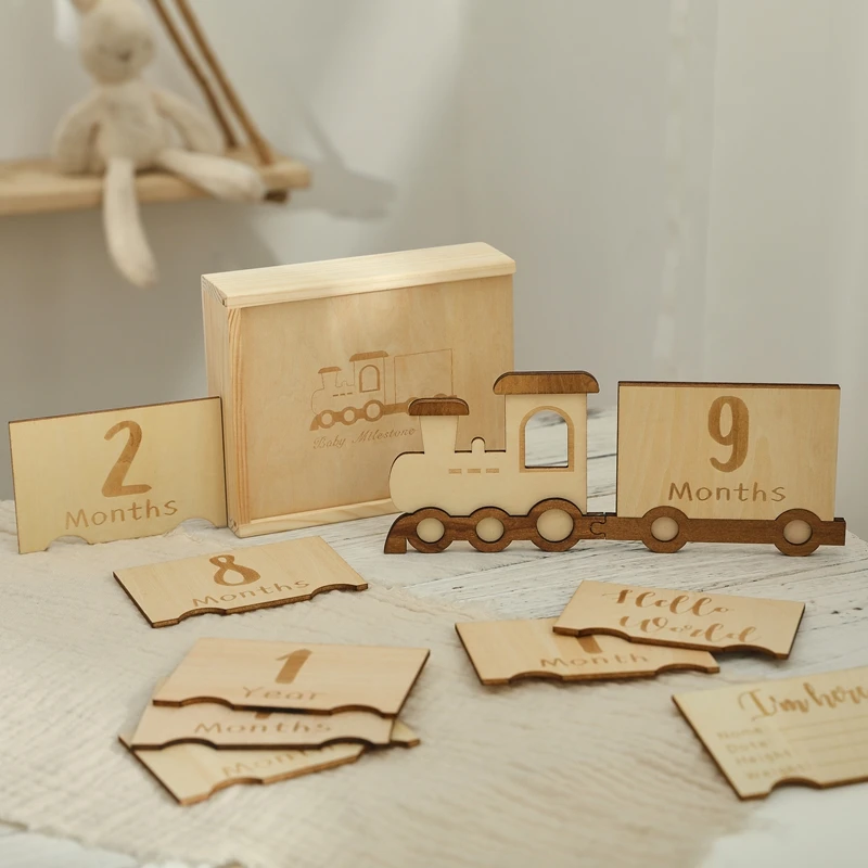 Tarjetas de hito mensuales de madera para bebé, tren de doble cara, número, mes, accesorios de fotografía recién nacido, regalo para bebé