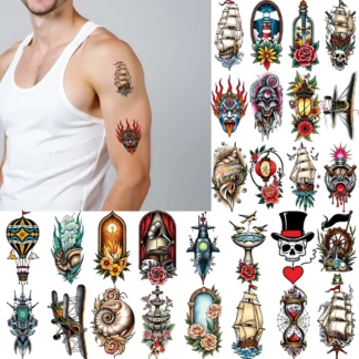 28 Uds tatuaje temporal barco cráneo tatuaje temporal pegatinas globo de aire caliente brújula para brazos hombres hombros