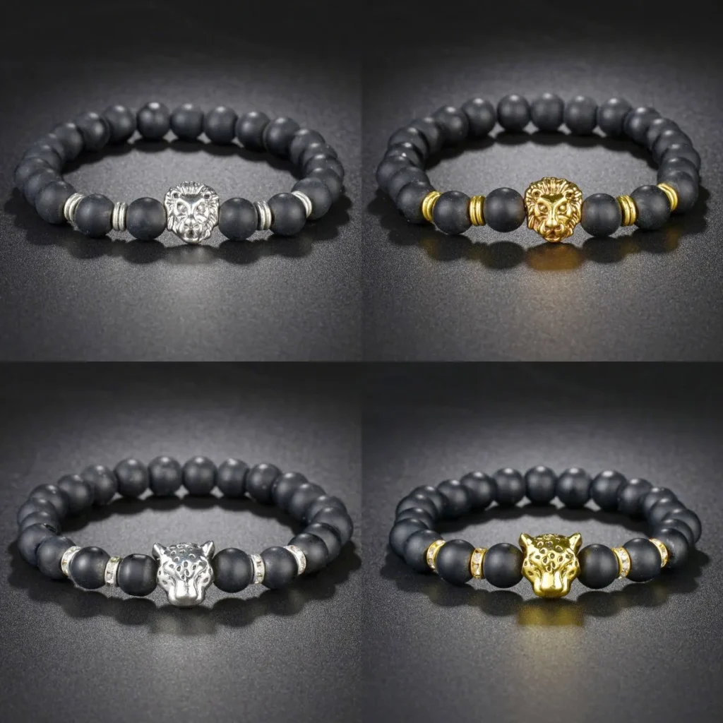 Pulsera y brazaletes de hematita con cabeza de león y leopardo, cuentas de 8mm, pulseras con dijes de piedra negra Natural para mujeres y hombres, joyería de Yoga al por mayor