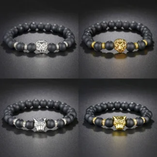 Pulsera y brazaletes de hematita con cabeza de león y leopardo, cuentas de 8mm, pulseras con dijes de piedra negra Natural para mujeres y hombres, joyería de Yoga al por mayor