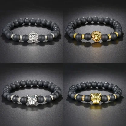 Pulsera y brazaletes de hematita con cabeza de león y leopardo, cuentas de 8mm, pulseras con dijes de piedra negra Natural para mujeres y hombres, joyería de Yoga al por mayor