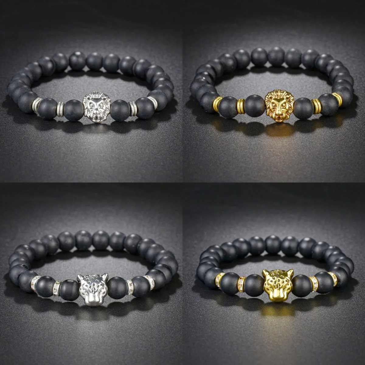Pulsera y brazaletes de hematita con cabeza de león y leopardo, cuentas de 8mm, pulseras con dijes de piedra negra Natural para mujeres y hombres, joyería de Yoga al por mayor