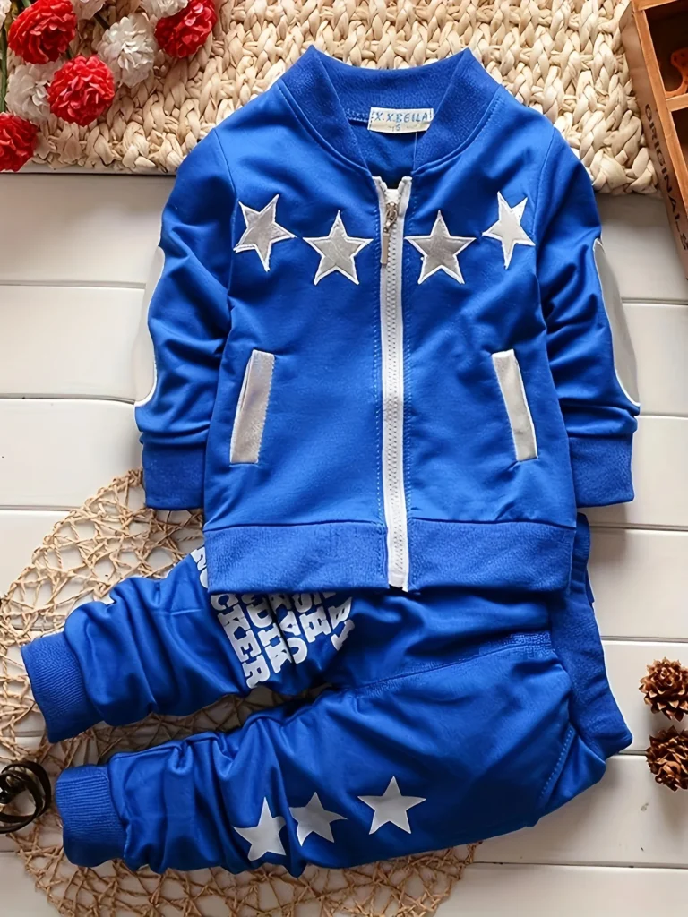 Nueva chaqueta informal con cremallera de cuatro estrellas a la moda de primavera y otoño para niños, conjunto de pantalones para bebés para niños