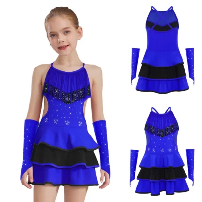 Vestido de baile latino para niñas, traje de actuación de Tango y Salsa, Ropa de baile de Ballet sin mangas, vestido con borlas y diamantes de imitación con guantes