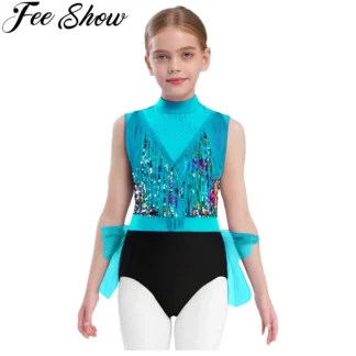 Traje de baile de Jazz latino para niñas, leotardo de tul sin mangas con borlas y lentejuelas para gimnasia, patinaje artístico