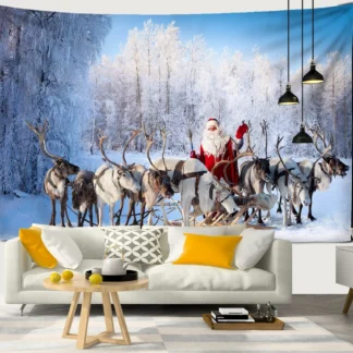 Decoración de pared navideña para el hogar, árbol de Navidad con nieve, estampado de Papá Noel, Fondo de poliéster pulido, tapiz