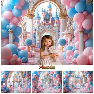 Mocsicka-Fondo de Castillo rosa, globos azules, Palacio, Baby Shower, princesa, niña, decoraciones para fiesta de cumpleaños, pancarta de estudio de fondo
