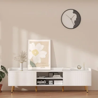 Soporte para TV estriado de 70 pulgadas, centro de entretenimiento largo con puertas corredizas y almacenamiento para televisores de hasta 75 pulgadas, consola multimedia moderna
