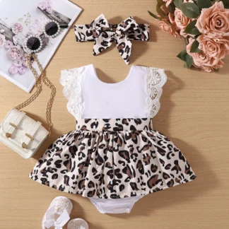 Recién Nacido verano cuello redondo blanco y negro encaje mangas aleteadas patrón de vaca falda vestido mono mameluco + sombreros