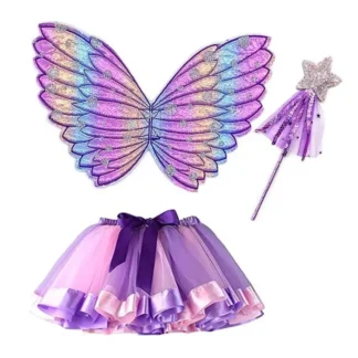 Conjunto de 3 piezas para niñas, disfraz de princesa con alas de mariposa, Varita para vestido de fiesta, Halloween y Navidad
