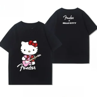 Disney Hello Kitty guitarra música periférica manga corta hombres y mujeres 2025 verano lindo suelto Casual versátil camiseta ropa