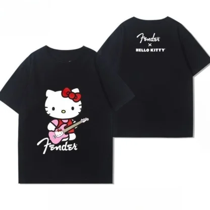 Disney Hello Kitty guitarra música periférica manga corta hombres y mujeres 2025 verano lindo suelto Casual versátil camiseta ropa