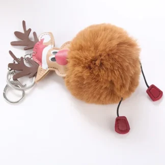 Llaveros bonitos y esponjosos con pompón, llavero de Reno de cuero Pu, llaveros de bolas de piel de conejo Artificial, llavero para bolso de coche para mujer